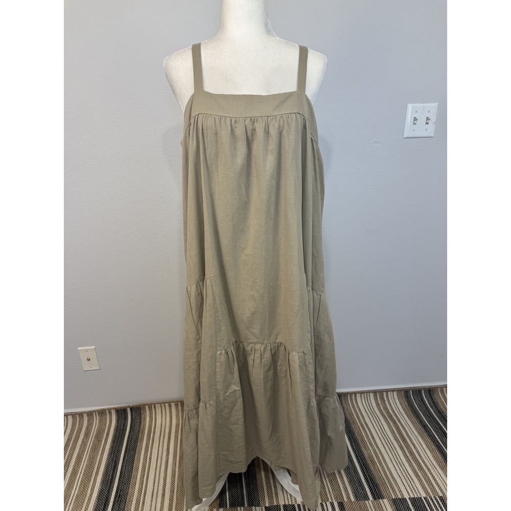 Jenni Kayne Dress Women's 2XL Beige Linen Tiered Square Neck Sundress Maxi